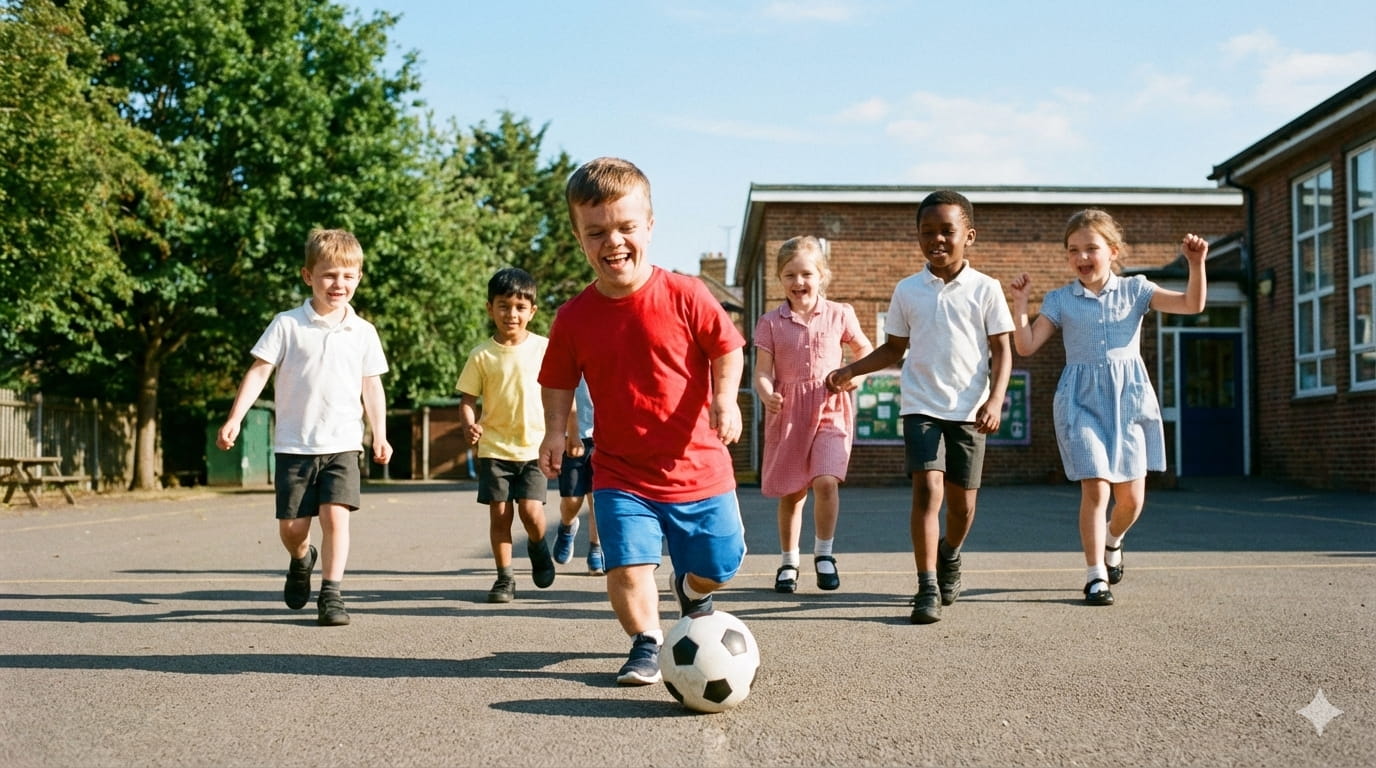 Un enfant de petite taille jouant dans une coure d'école